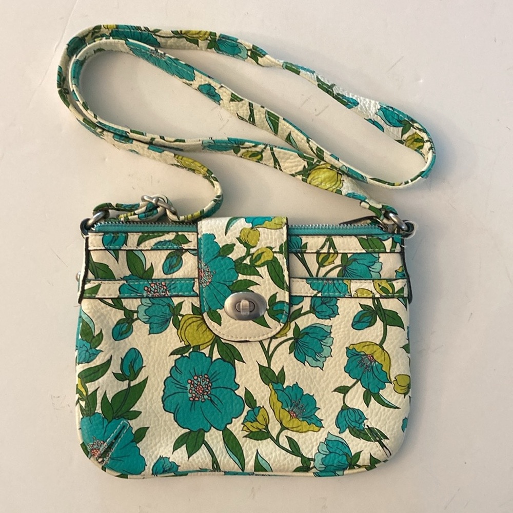 Merona floral Crossbody bag purse white aqua green faux leather